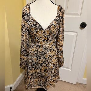 Timing Boutique dress Sz Med, yellow & black floral print with lining. Long slvs